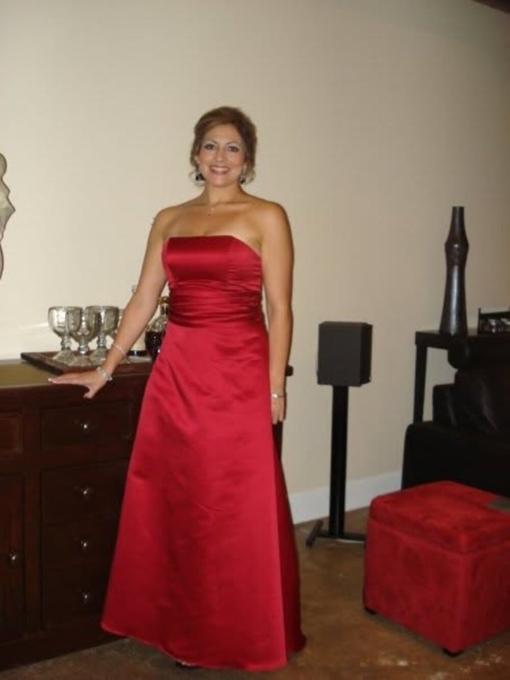 Bill Levkoff Red Satin Strapless Gown with Oversized Back Bow Size 6